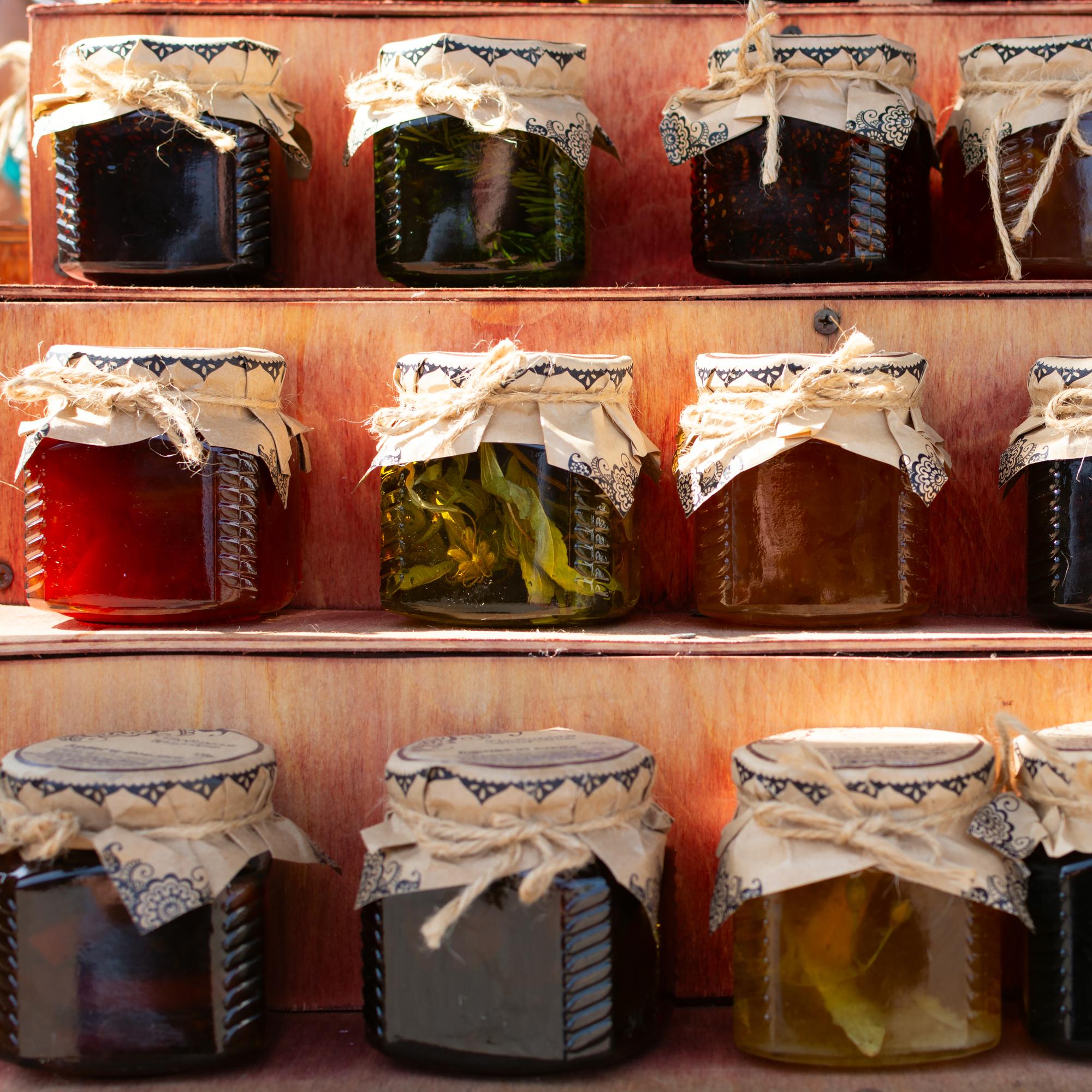 Small-batch preserves in jars on shelf
